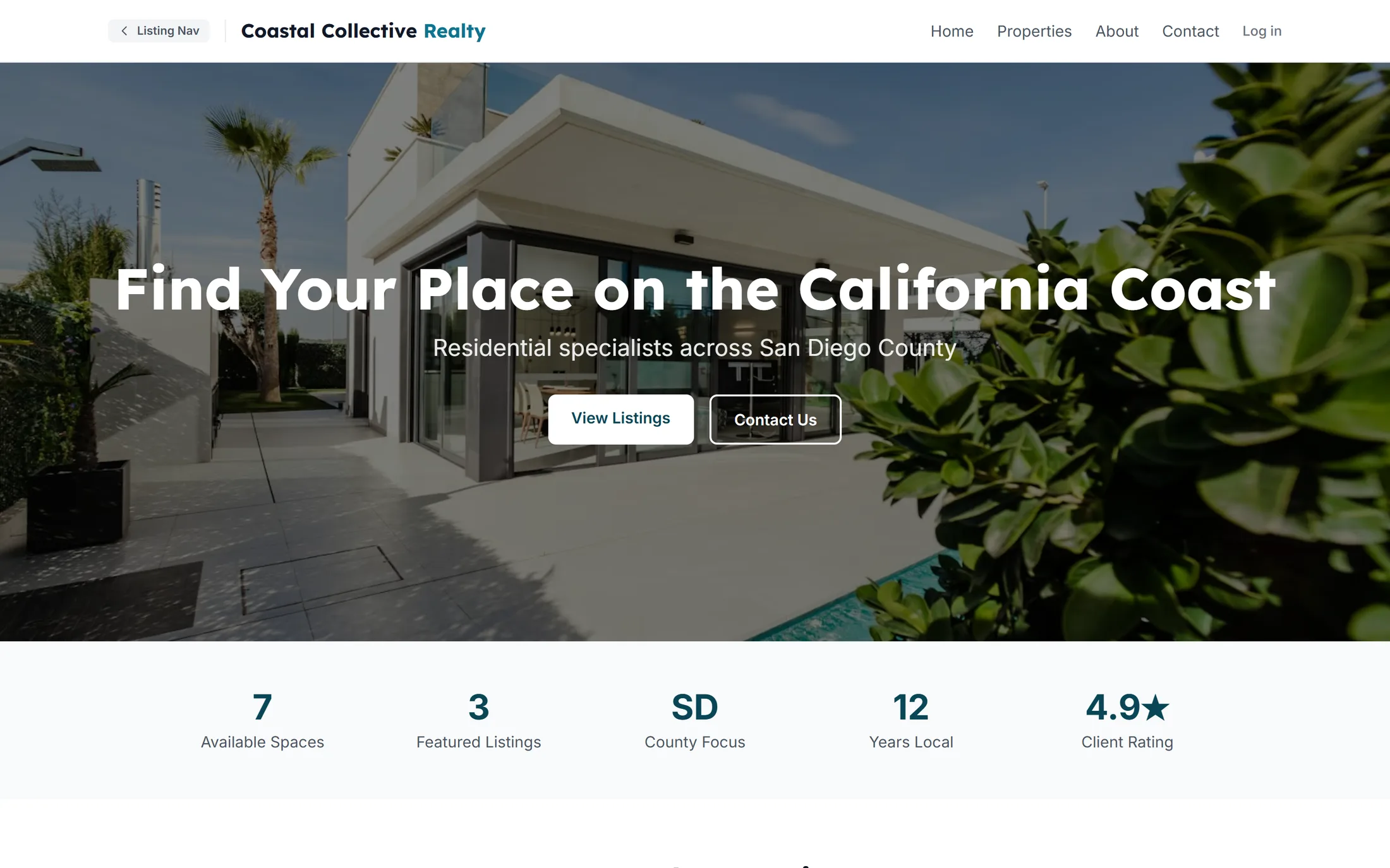 Homepage of an example agent site: a full-width photo of a modern coastal home behind the headline Find Your Place on the California Coast, with View Listings and Contact Us buttons, and a row of stats below reading 7 available spaces, 3 featured listings, San Diego county focus, 12 years local, and a 4.9 star client rating.
